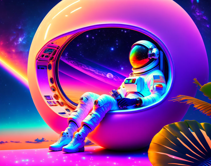 an astronaut lounging in a tropical resort 