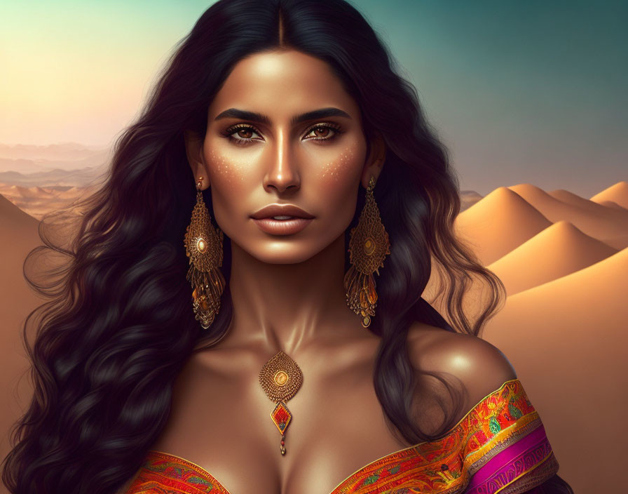 Woman with long black hair and desert backdrop in digital art