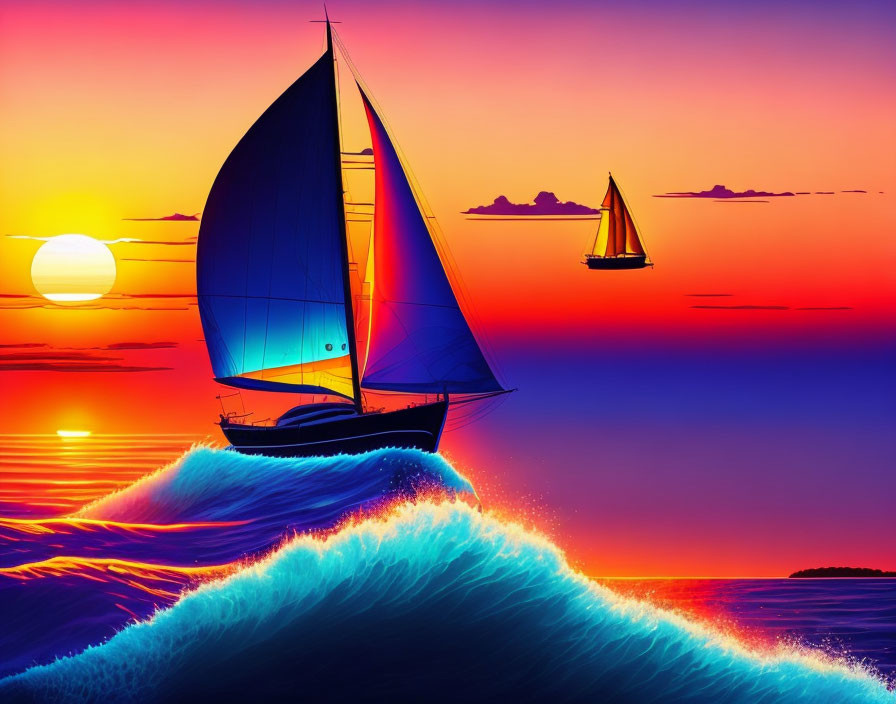 Vivid ocean sunset with sailboats against colorful sky