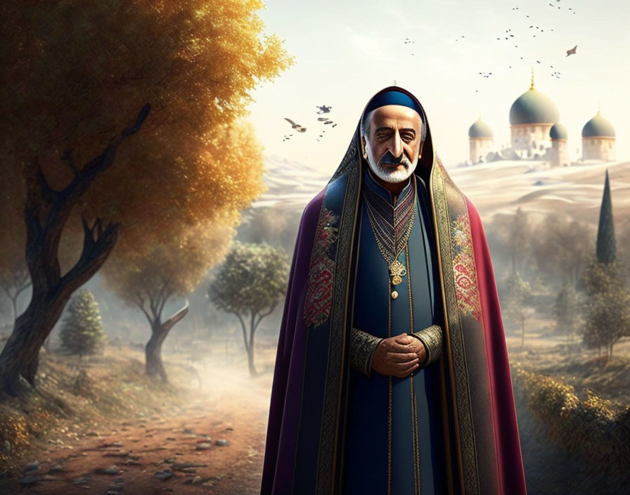 Elder man in traditional robes in serene landscape with domed structure