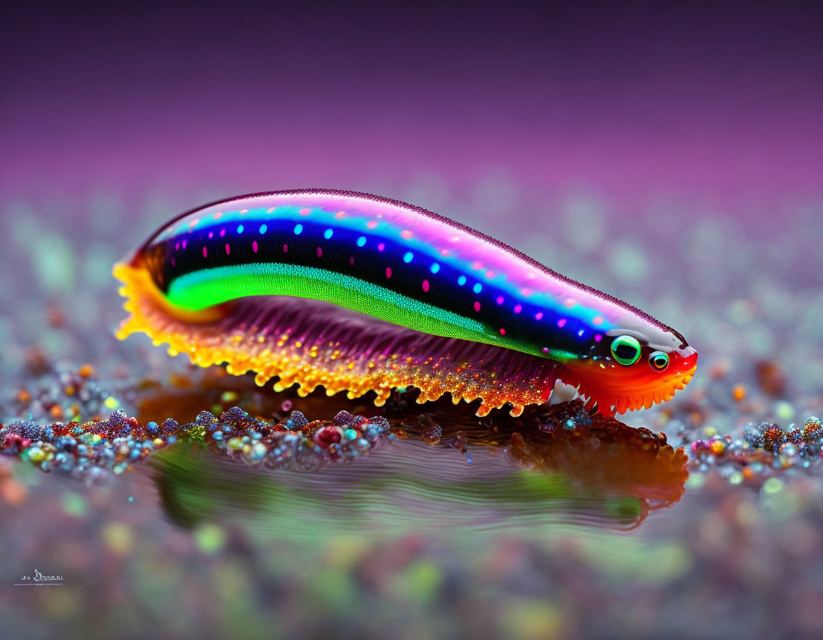 Colorful Rainbow Caterpillar Creature Walking on Reflective Surface