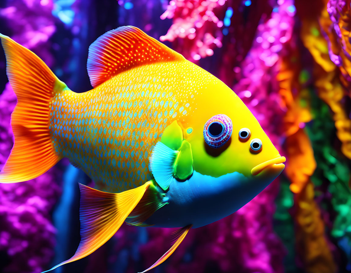 Colorful Orange Fish with Blue and Green Fins in Coral Aquarium