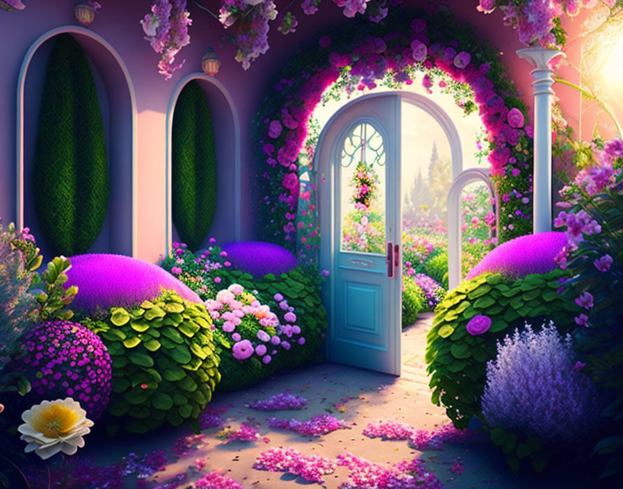Whimsical garden entrance with blue door, arches, pink flowers, lush greenery, and