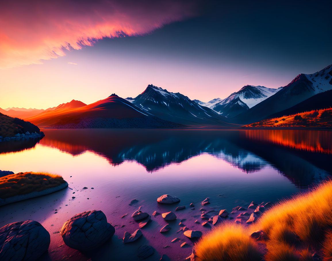 A stunning mountainous landscape with lakes, dusk,