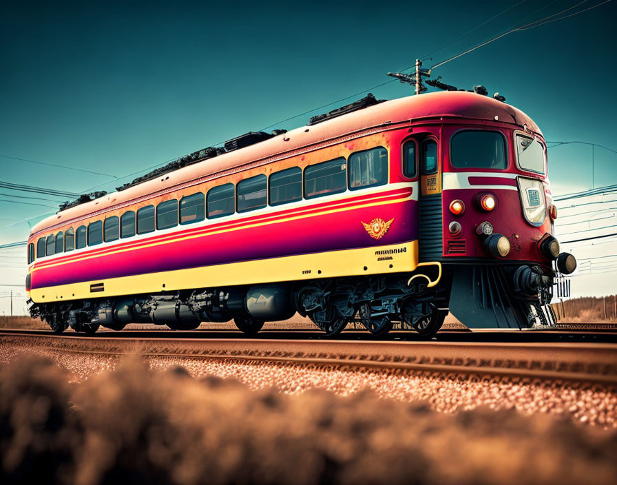 Vintage Red and Purple Train on Tracks with Clear Blue Sky