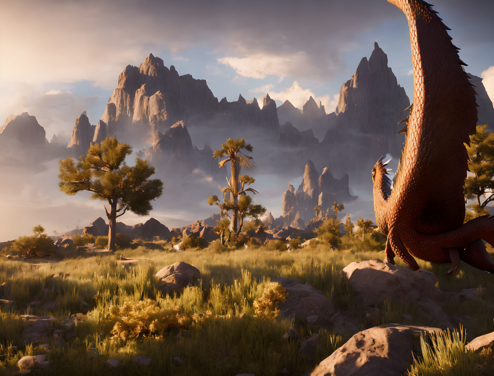 Prehistoric landscape with towering dinosaur and mountains.