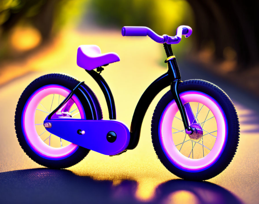 Bright Purple Kids Balance Bike with Pink Wheels in Sunlit Forest Path