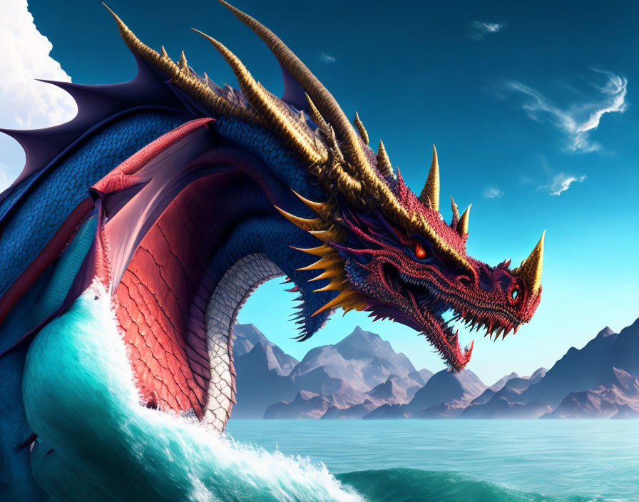 Colorful Spiky Dragon Hovering Above Ocean Waves