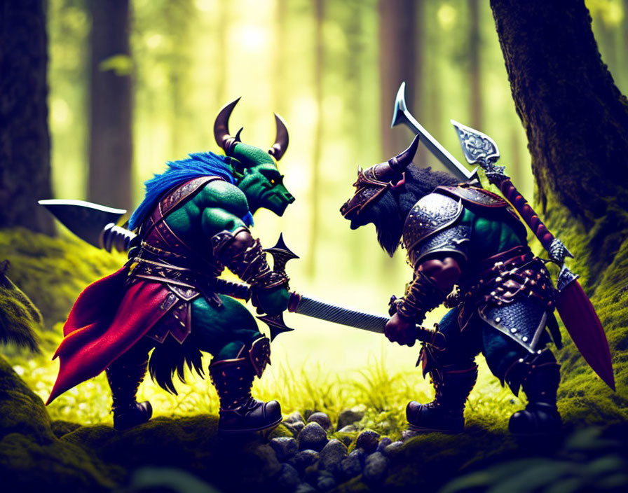 Fantasy orc warrior figurines battle in forest with axes and detailed armor
