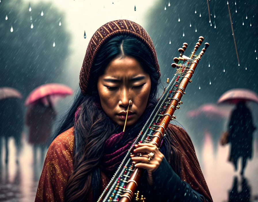 Woman tuning traditional stringed instrument in rainy city scene