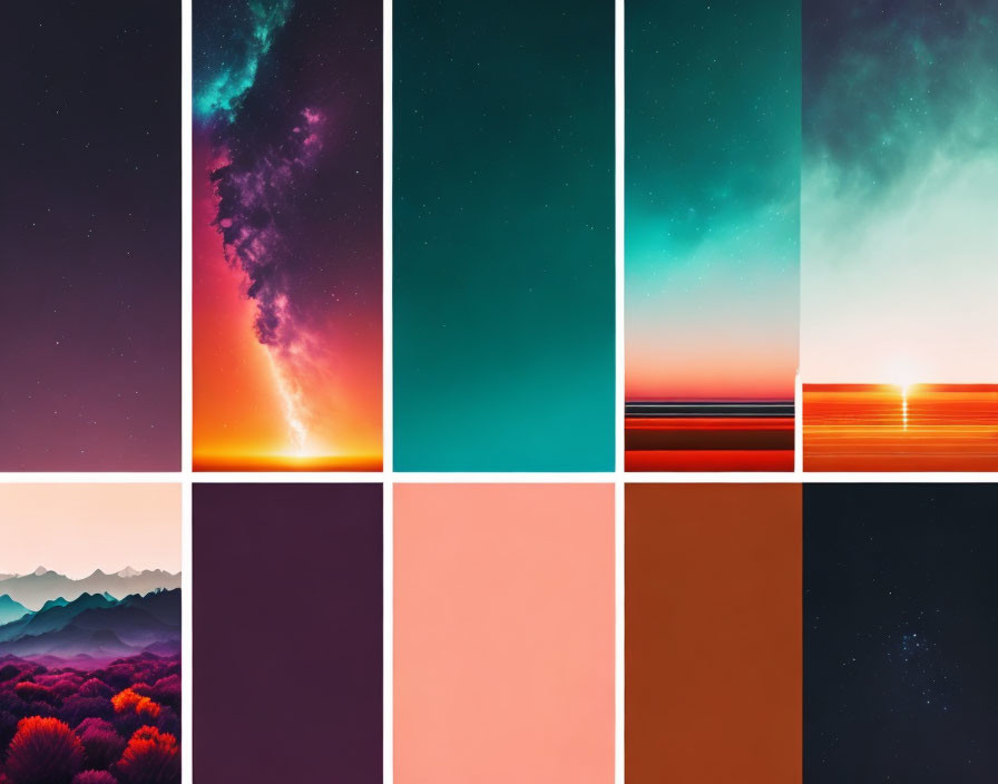 Collage of Nine Square Vibrant Celestial and Scenic Landscapes