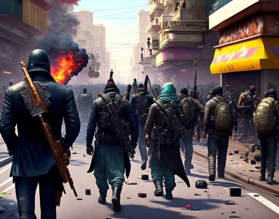 Armed characters in tactical gear navigate chaotic urban street.
