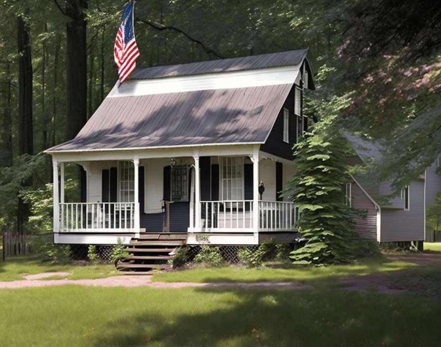 Traditional black and white house with front porch and American flag amidst trees