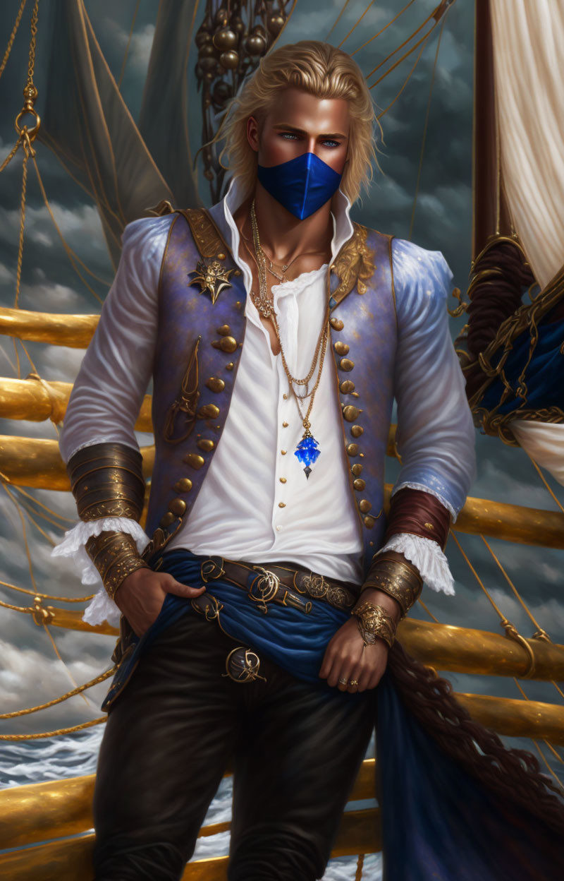 Blonde man in blue mask and pirate outfit on ship deck with clouds