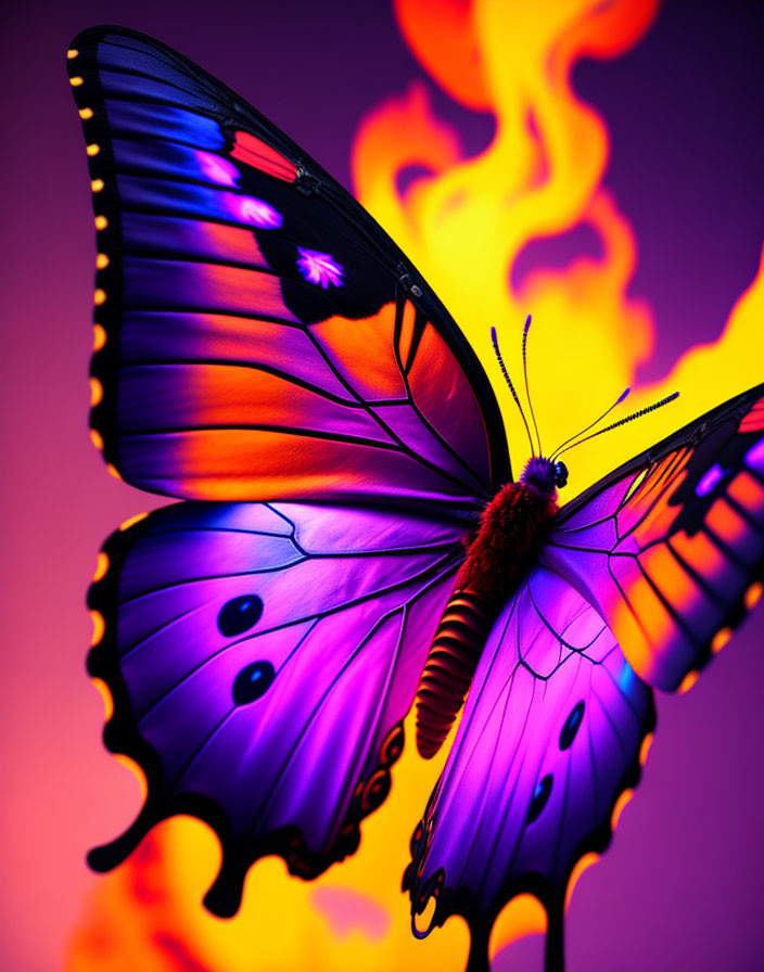 Colorful butterfly with purple and orange wings against fiery background