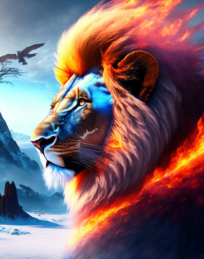 Digital artwork: Lion with fiery and icy mane contrast