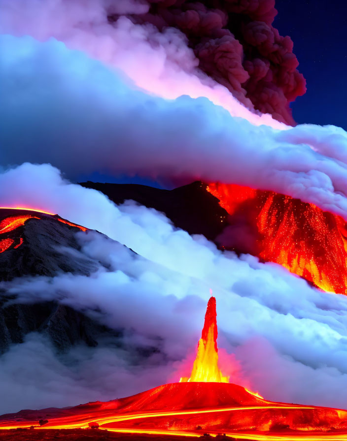 Glowing lava flows and explosive ash plume in twilight sky