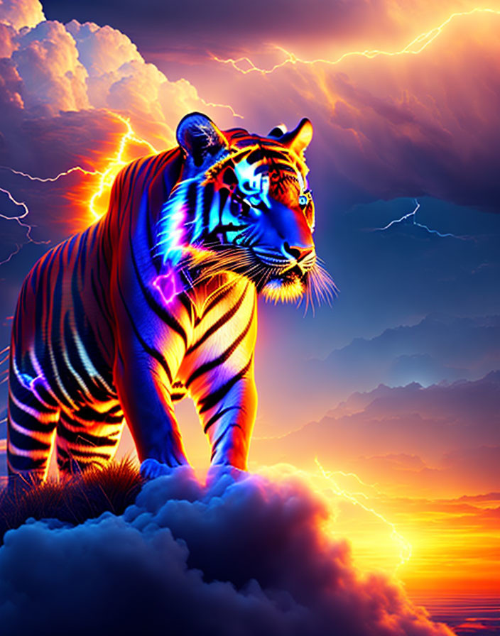 Neon-lit tiger on clouds with sunset sky and lightning