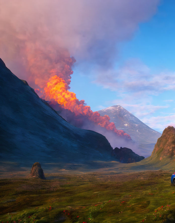 Volcano erupting in vibrant landscape with rolling hills and flowering meadow