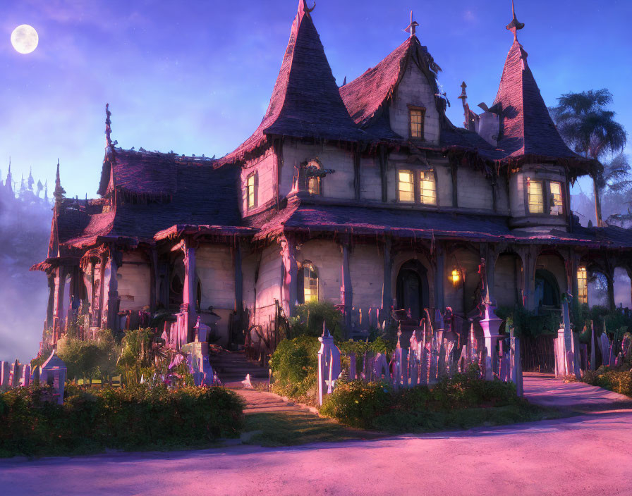 Twilight scene of old mansion with turrets in moonlit purple sky