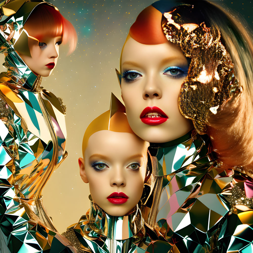 Mirrored mannequin figures with geometric patterns and bold makeup against starry backdrop