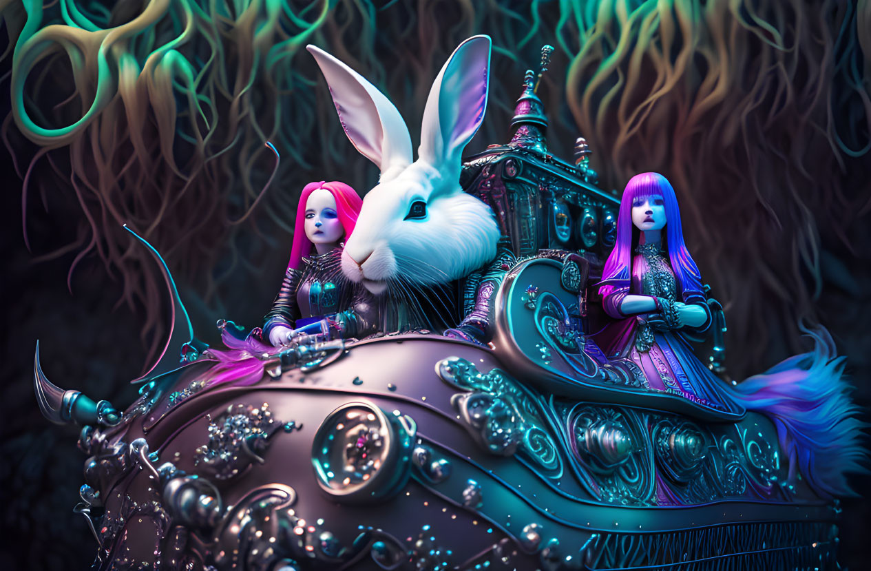 Surreal image: Dolls with purple hair, rabbit on metallic structure
