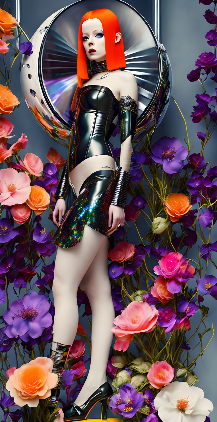 Futuristic woman with red hair in black outfit surrounded by colorful flowers and sci-fi structure