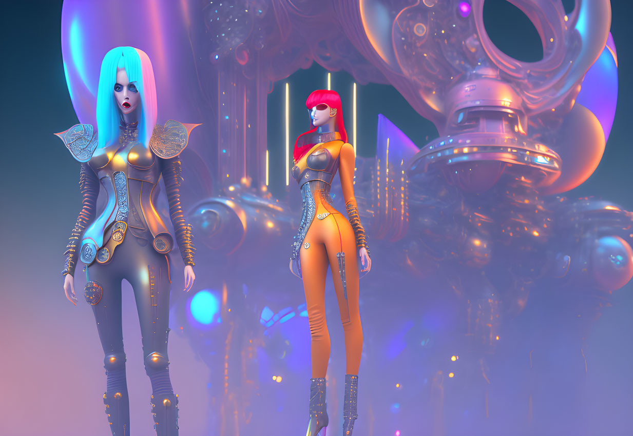 Two futuristic female characters in elaborate costumes against surreal sci-fi backdrop.