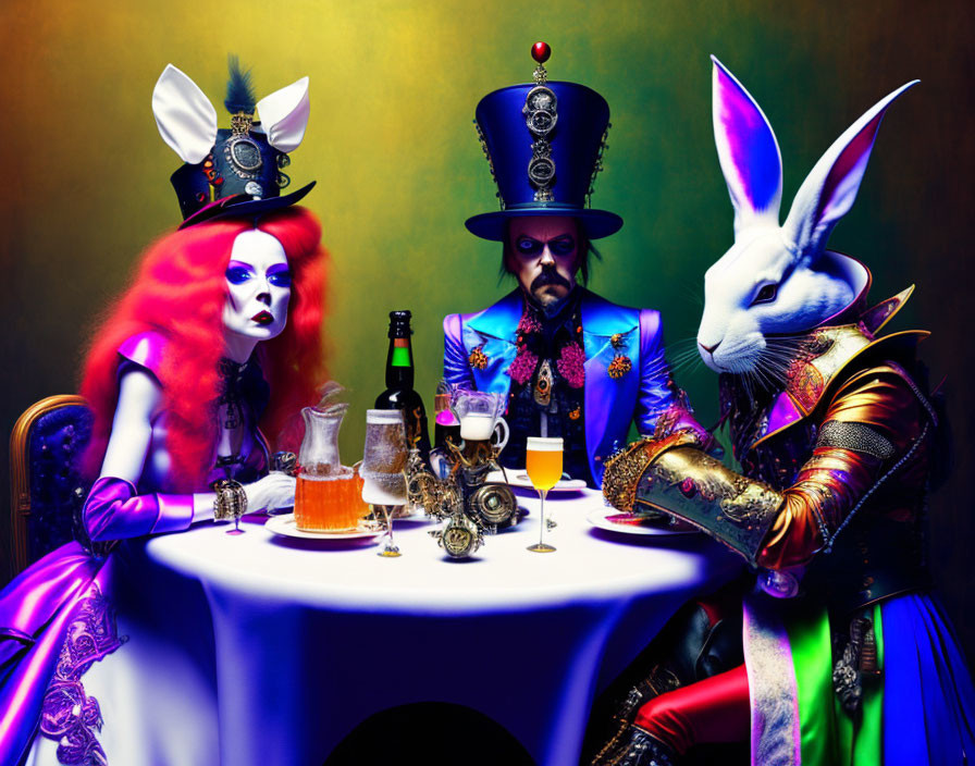 Three People in Rabbit Masks at Table with Beer Glasses in Whimsical Scene