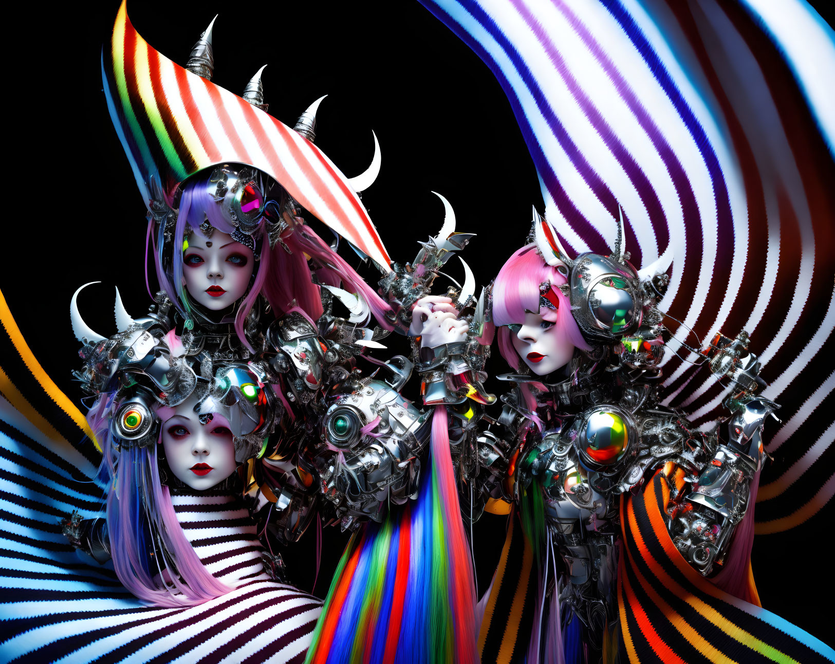 Futuristic female characters in cybernetic suits with vibrant striped patterns