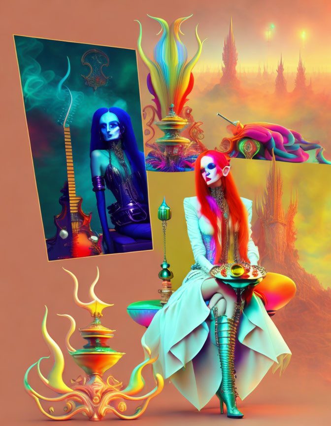Vibrant fantasy image: Red-haired woman in colorful attire with surreal elements
