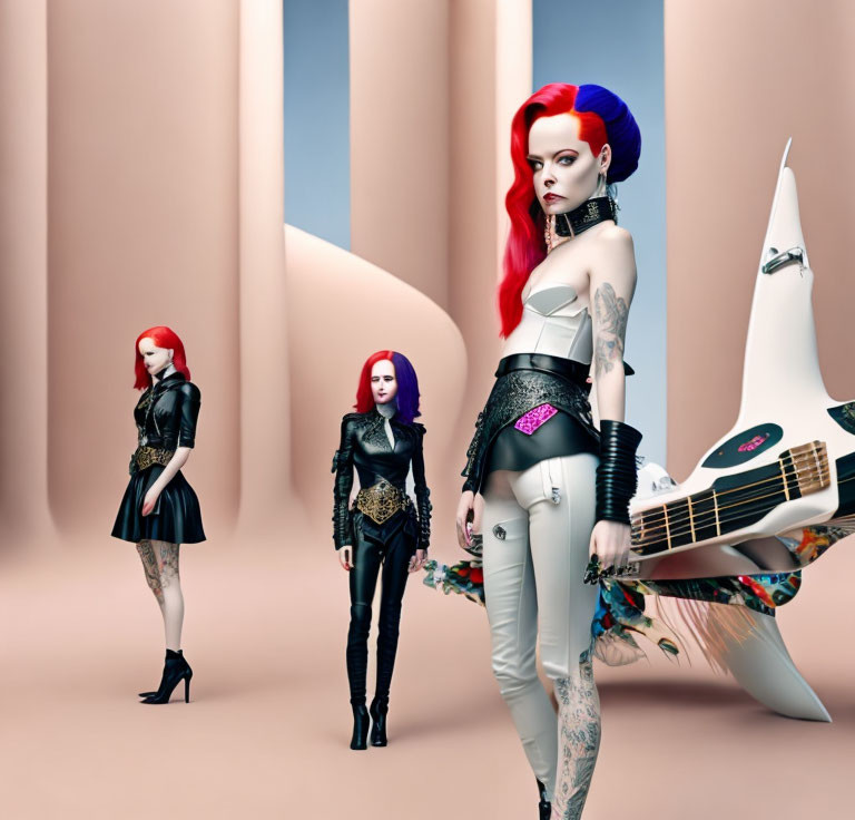 Three Women with Red and Blue Hair and Tattoos in Black Outfits on Pink Background