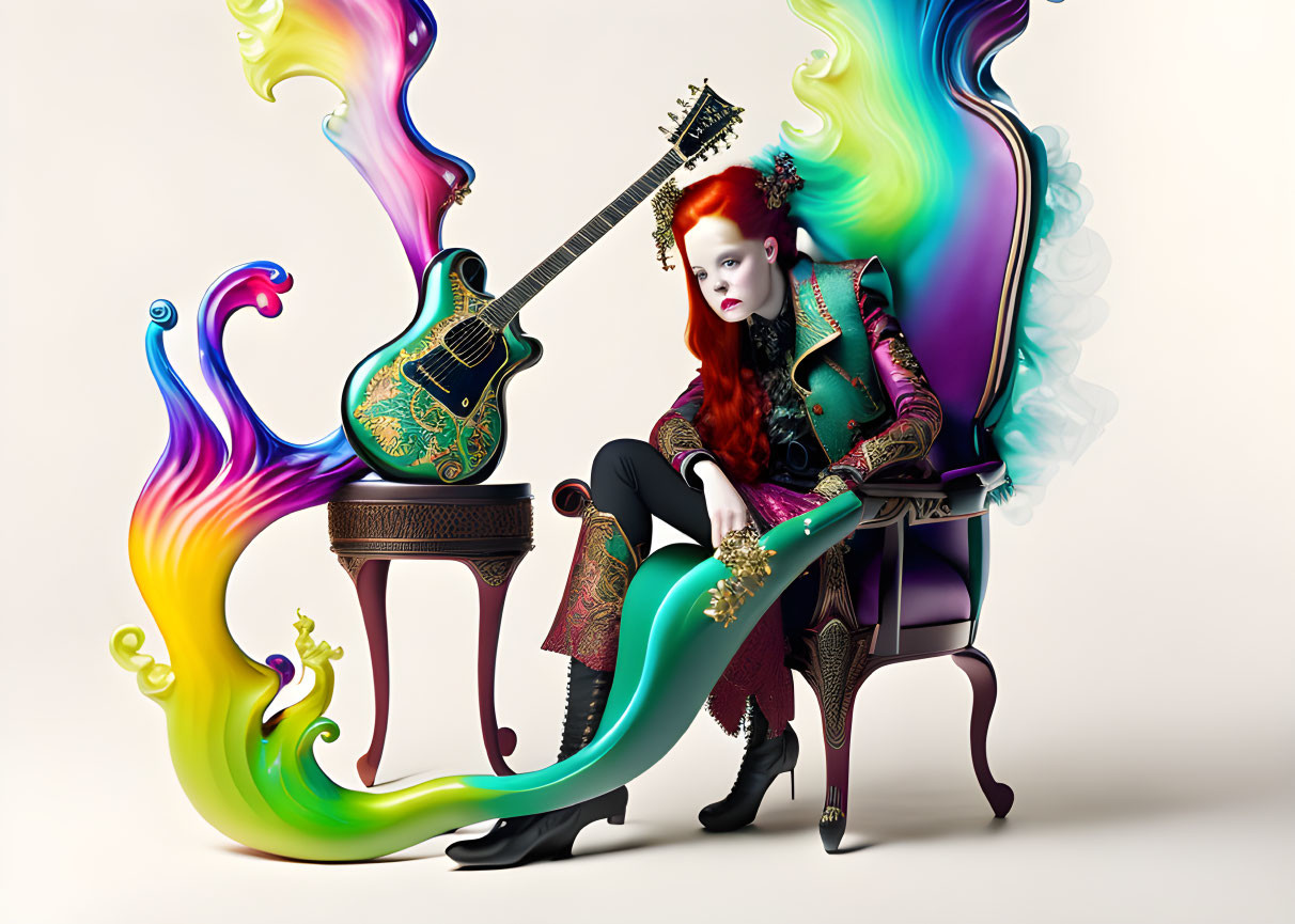 Surreal image: Woman with red hair next to abstract design with guitar