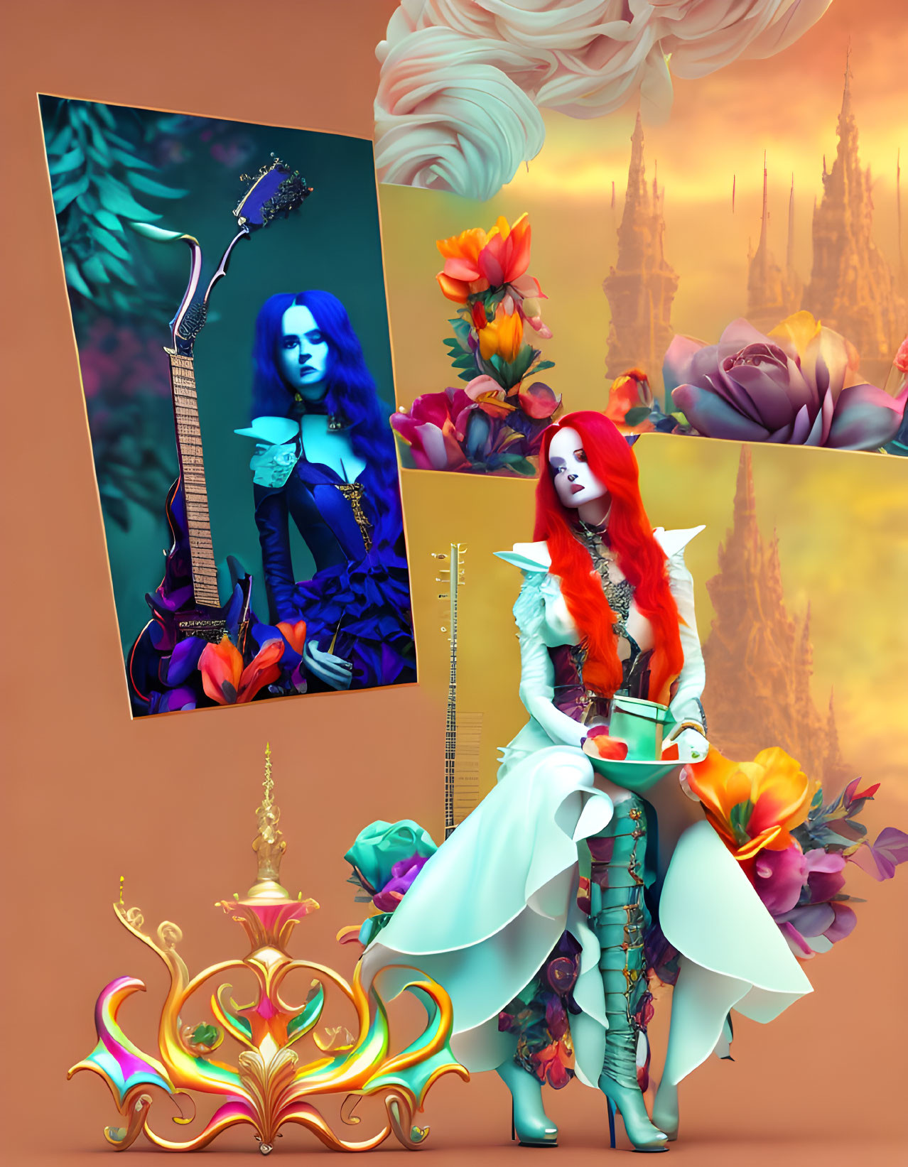 Colorful surrealist artwork: Two women, vibrant hair, flowers, guitar, cityscape