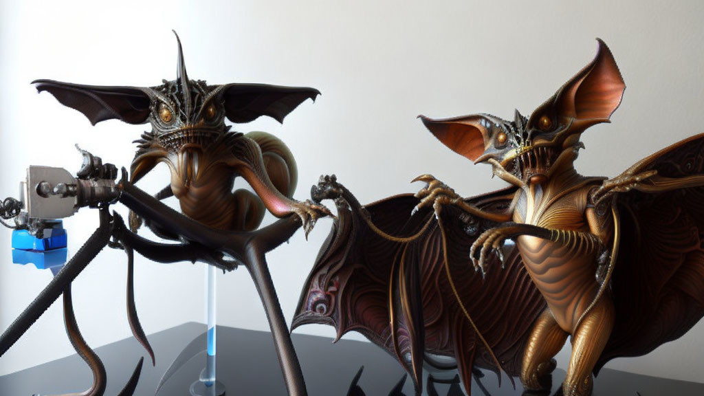 Elaborate dragon figurines with detailed wings and scales next to a camera on a tripod