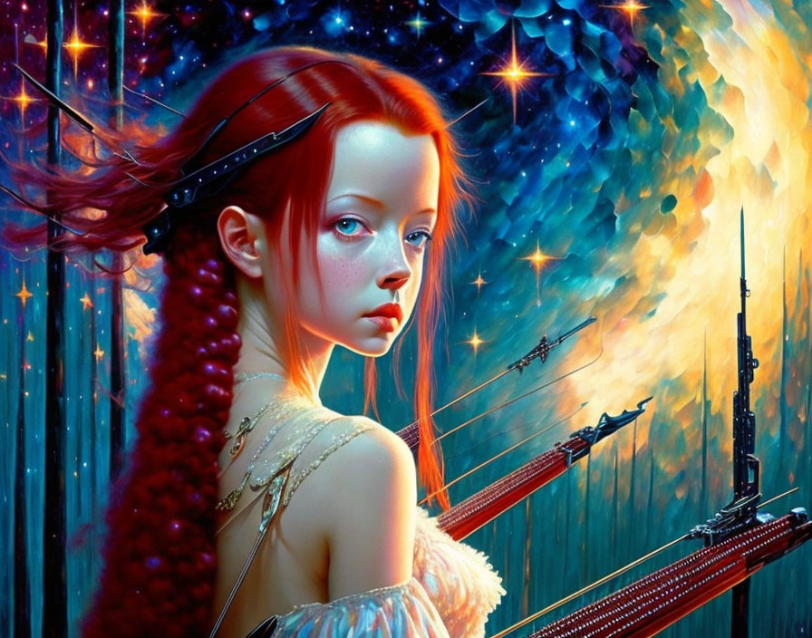 Fantasy Artwork: Red-Haired Female with Cosmic Background