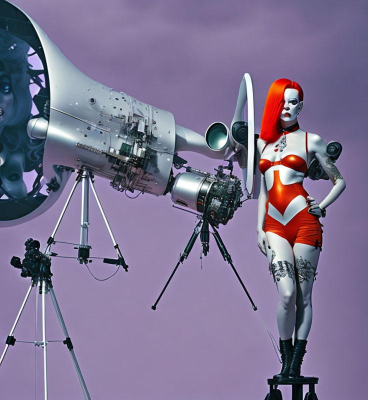 Futuristic robotic figure and red-haired woman in white and red bodysuit beside mechanical device