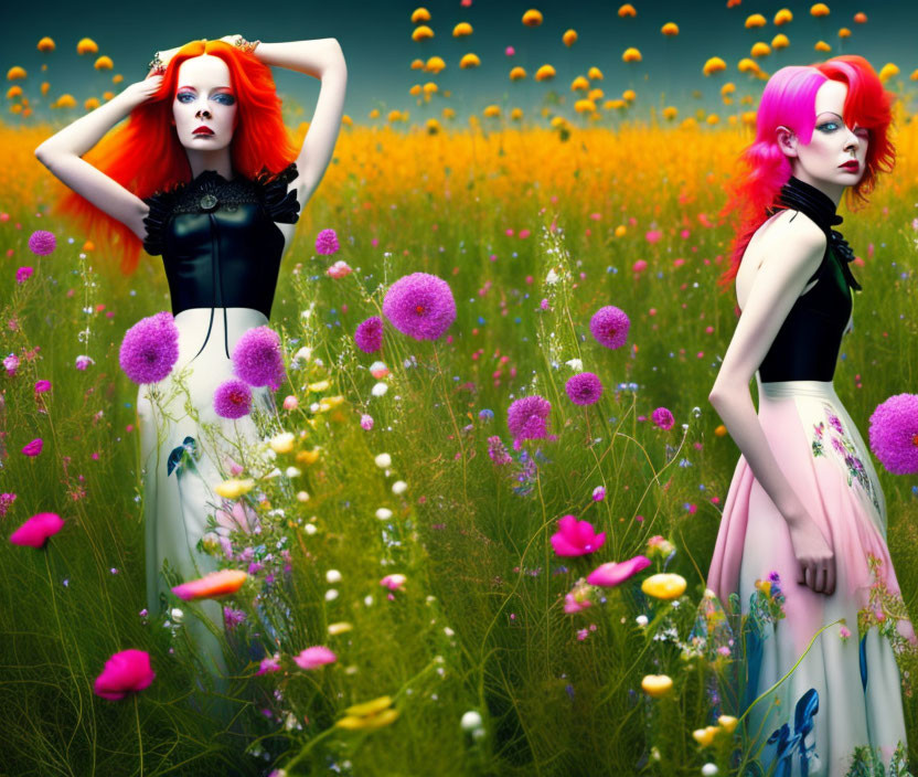 Vibrant red and pink-haired women in colorful flower field