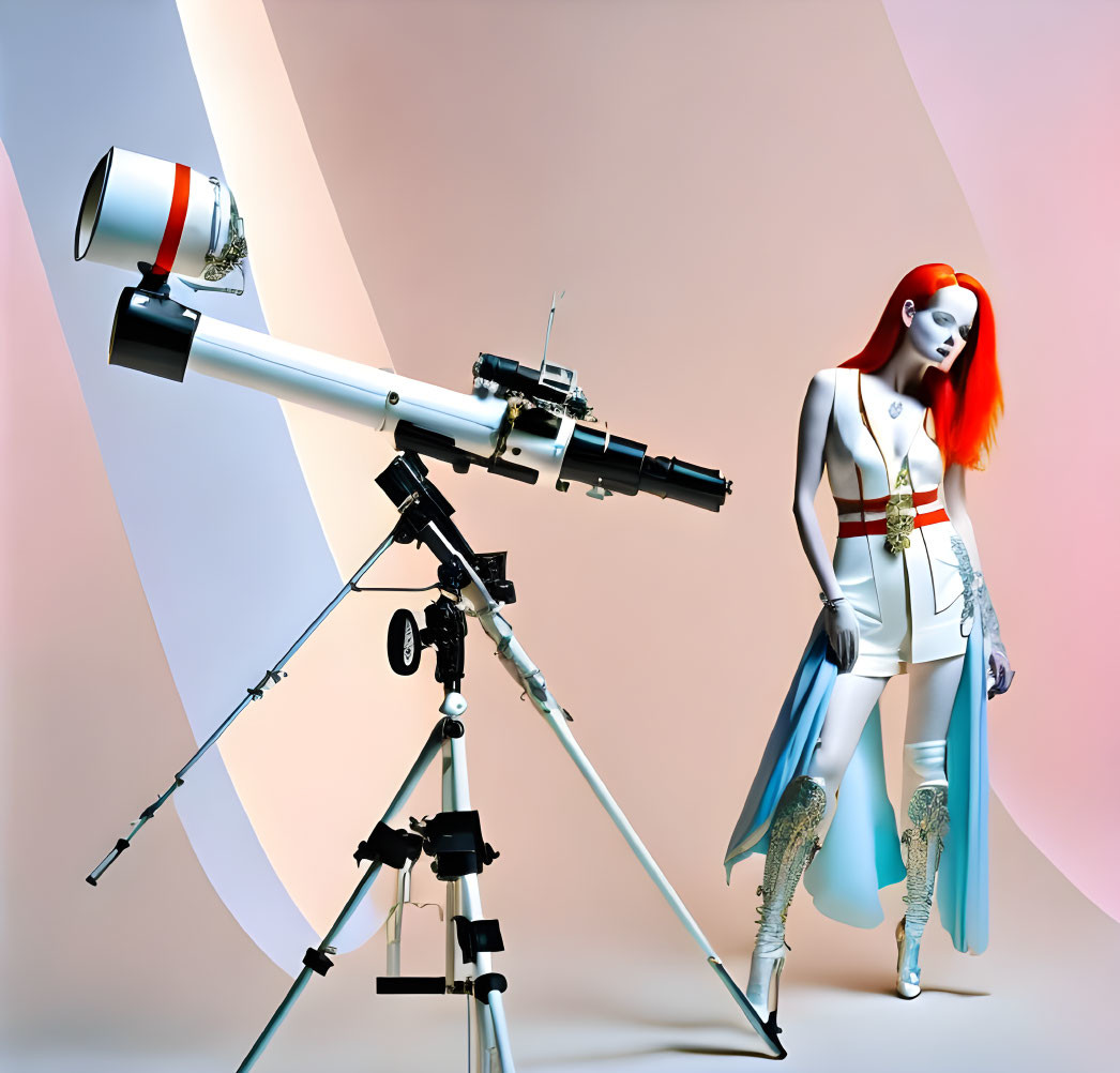 Red-haired woman in futuristic attire with telescope on pastel background