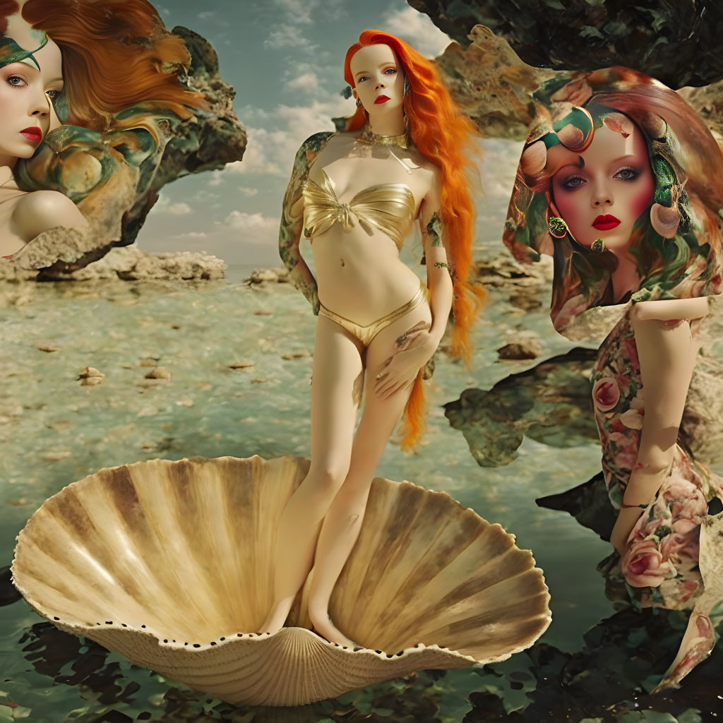 Stylized red-haired mermaid-inspired women with shell in surreal sea landscape