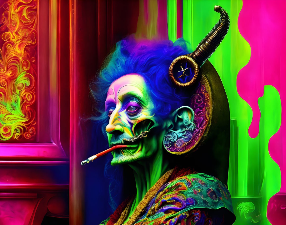 Colorful surreal art: character with clockwork elements, smoking pipe, psychedelic background