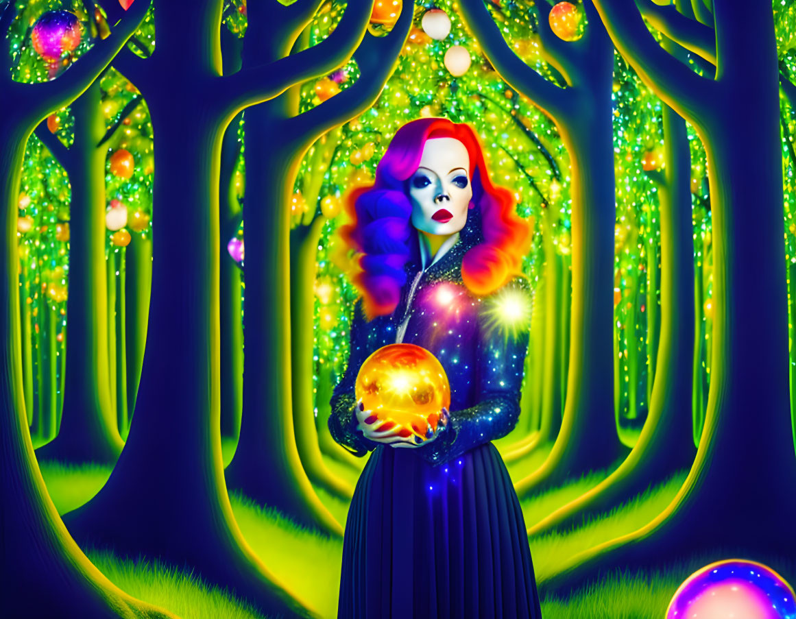 Illustration of woman with vibrant hair holding glowing orb in enchanted forest