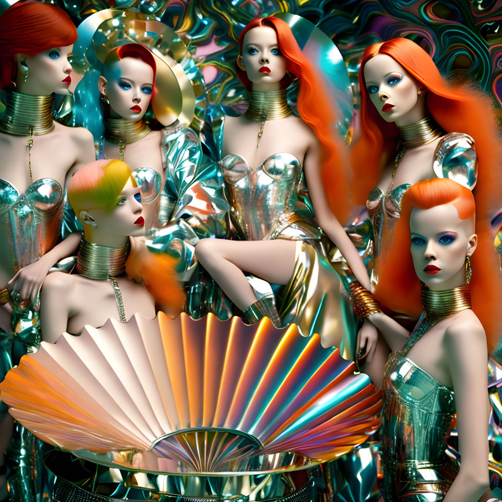 Colorful Hair Mannequins in Futuristic Fantasy Fashion Amid Metallic Abstract Shapes