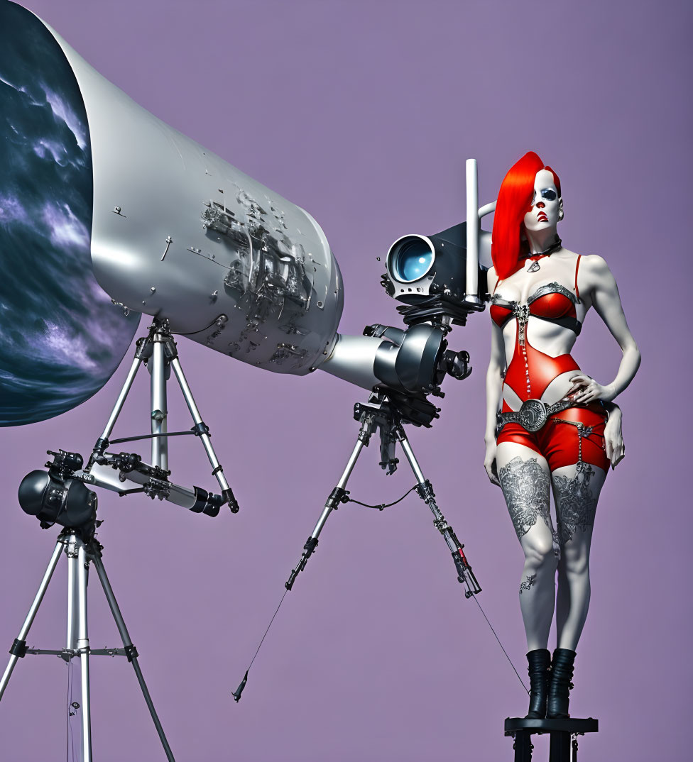 Red-haired female in metallic bodysuit by telescope on purple backdrop