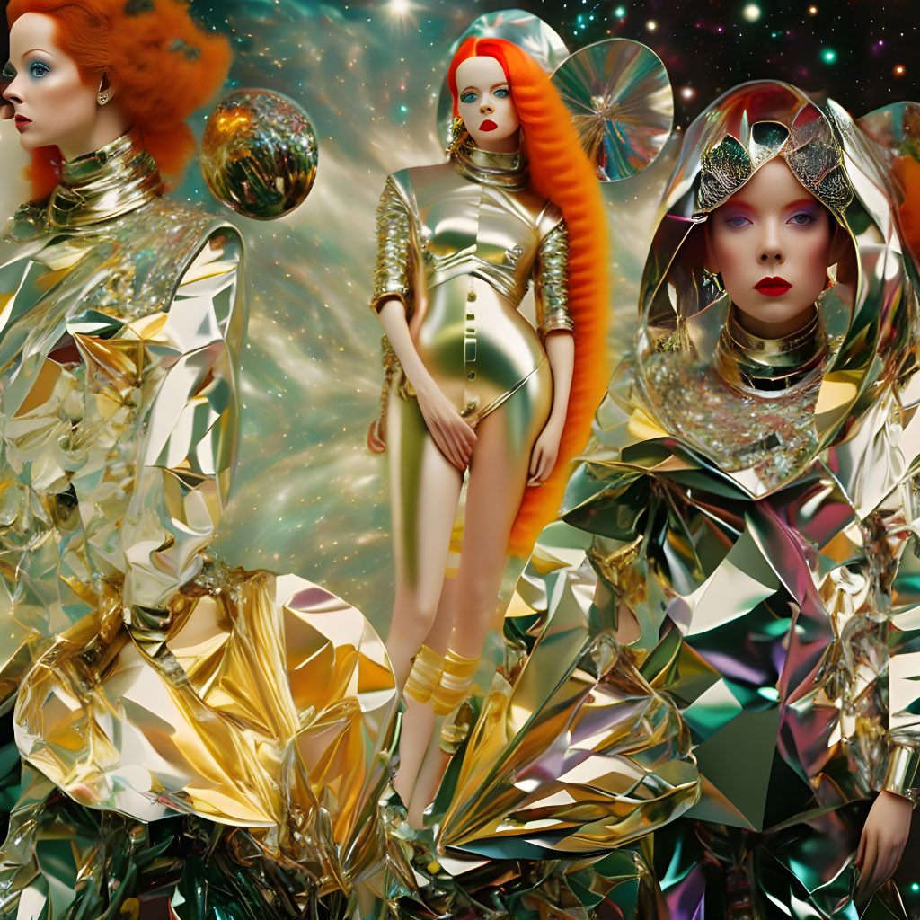 Surreal image: Three metallic mannequin figures in futuristic outfits