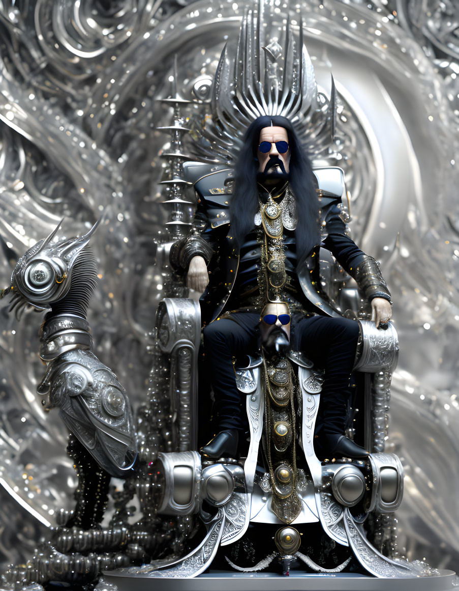 Bearded figure on ornate mechanical throne surrounded by machinery