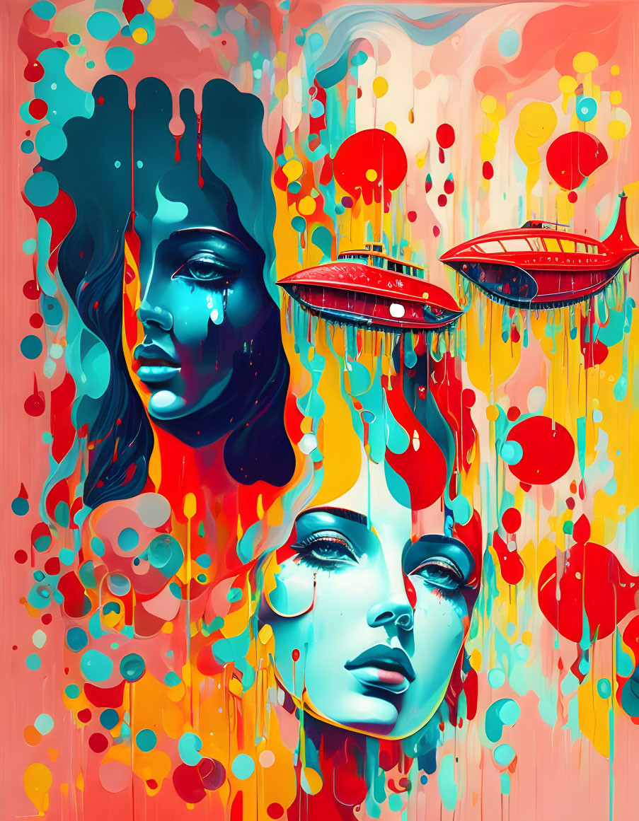 Vibrant abstract art: Two overlapping female faces in blue, red, and yellow.