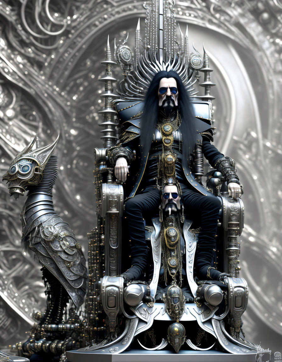 Dark-haired character on ornate throne with mechanical bird creature in complex metallic setting
