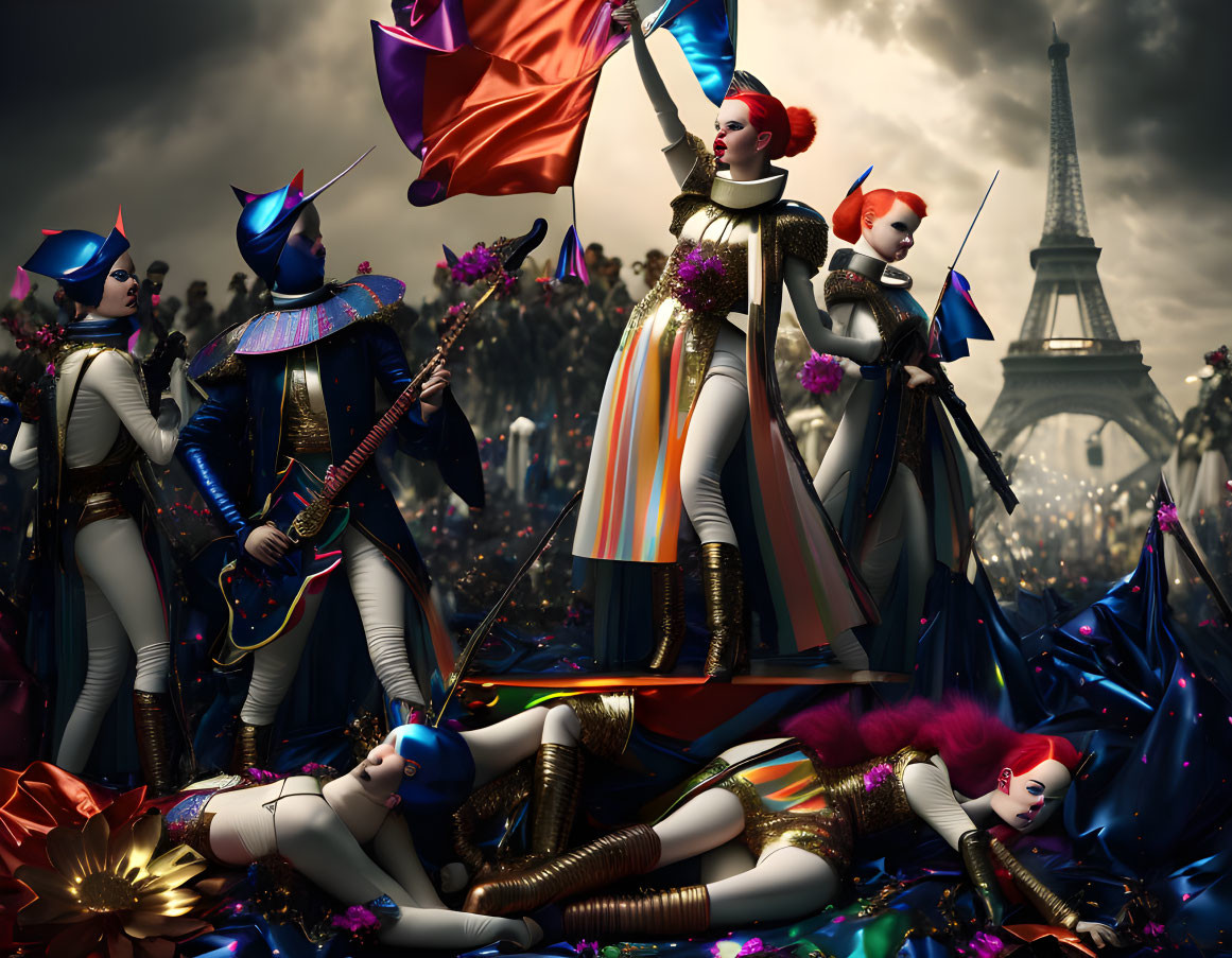 Colorful humanoid figures in creative outfits at a futuristic Paris parade