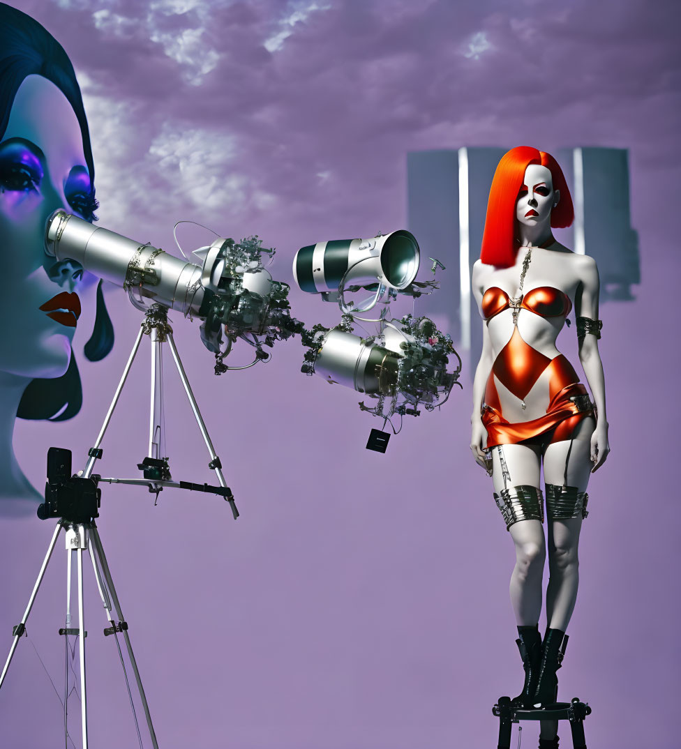 Surrealist image: Robotic woman with red hair and telescope, large looming face